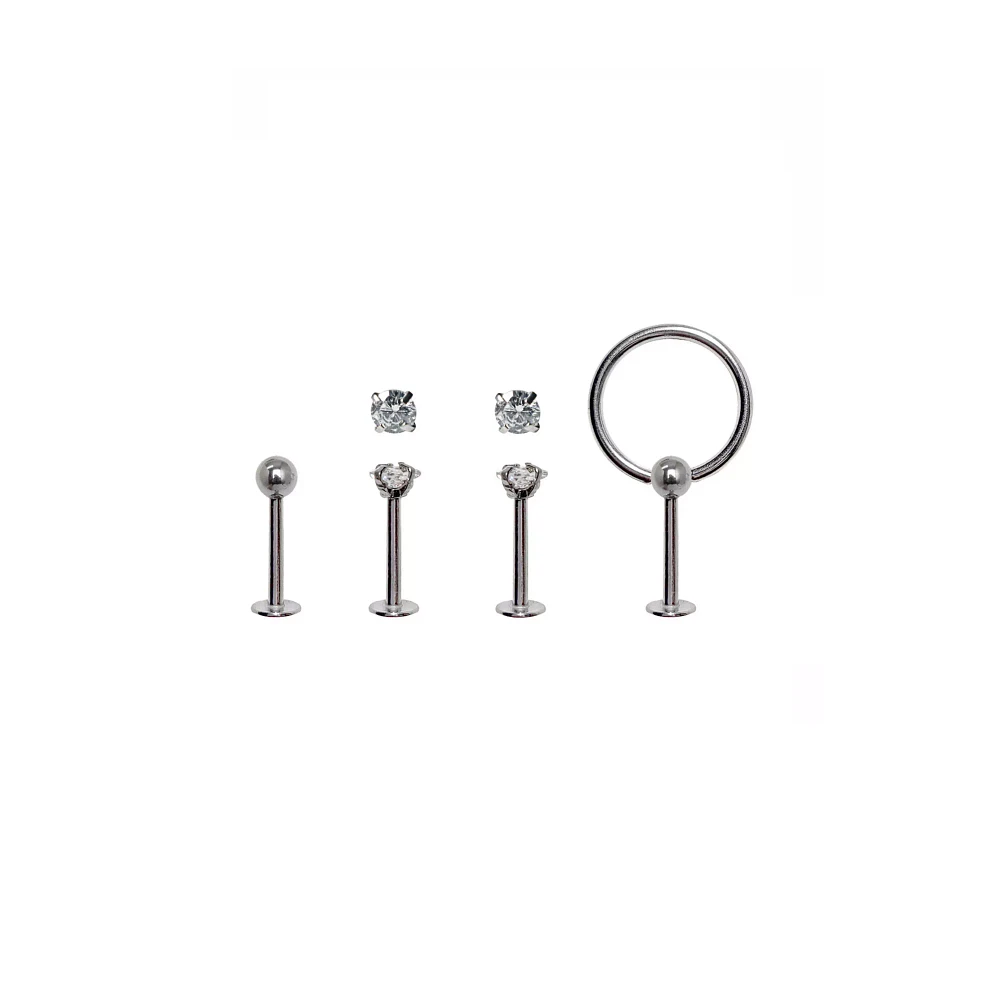 Multi-Pack CZ Silvertone Hoop Labret Lip Rings 4 Pack - 16 Gauge
