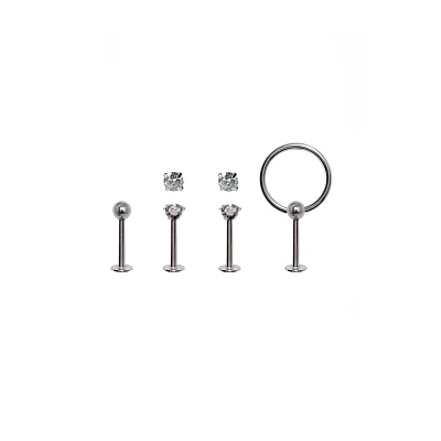 Multi-Pack CZ Silvertone Hoop Labret Lip Rings 4 Pack - 16 Gauge