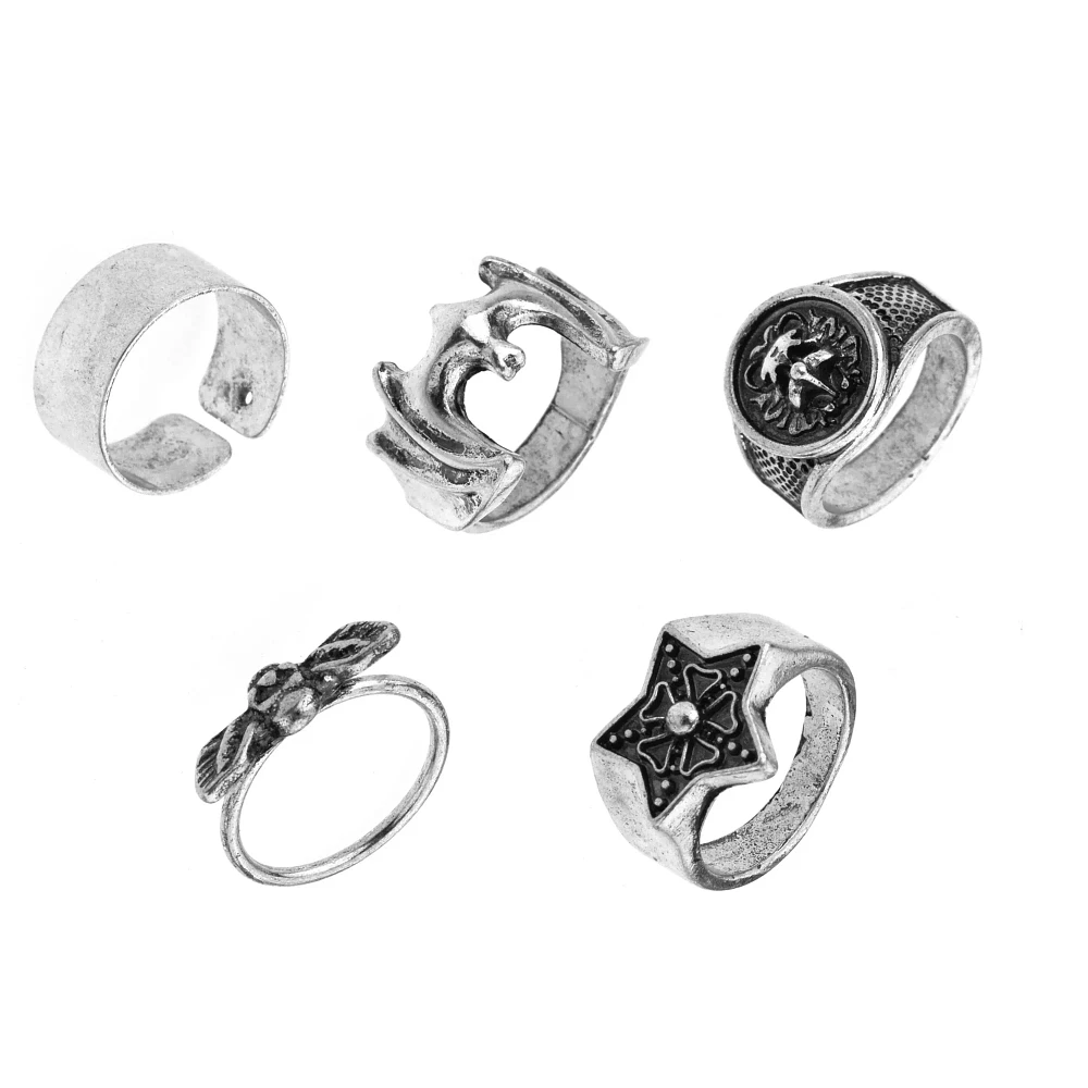 Multi-Pack Silver-Plated Skull and Bat Rings – 5 Pack