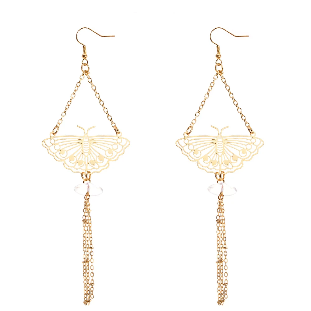 Goldtone Moth Drop Chain Dangle Earrings