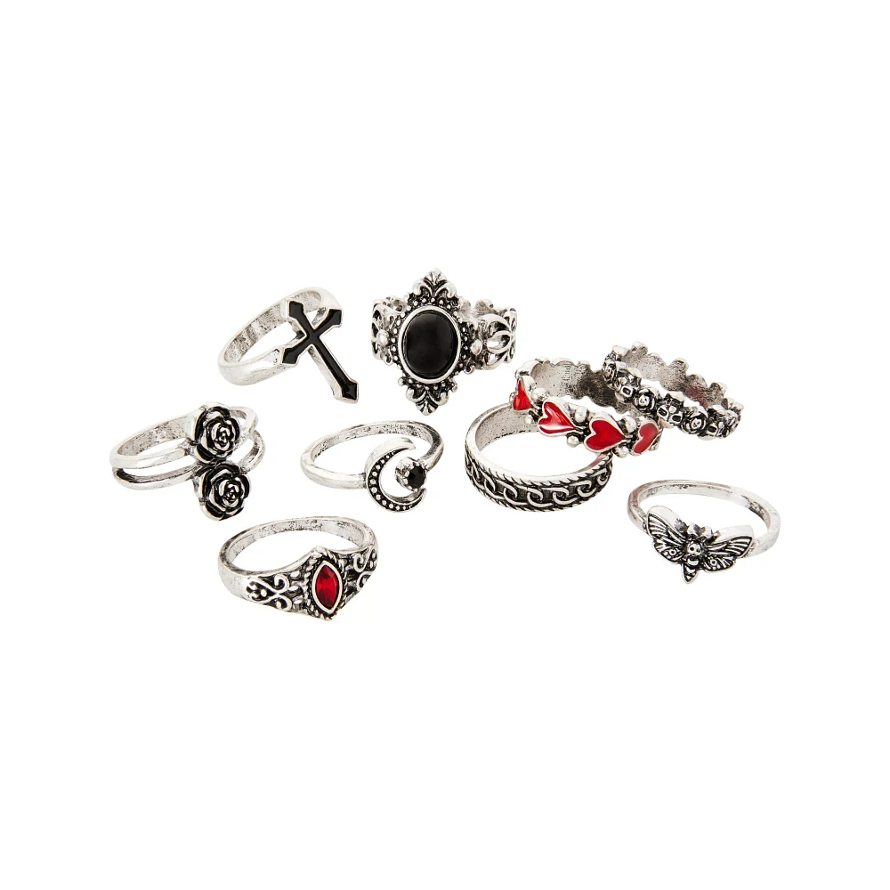 Multi-Pack Red and Black Gothic Rings - 9 Pack