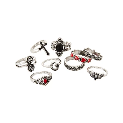 Multi-Pack Red and Black Gothic Rings - 9 Pack