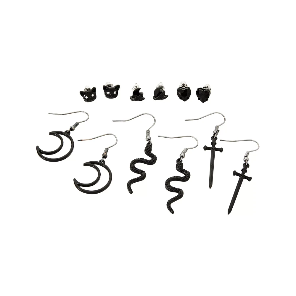 Multi-Pack Black Sword Moon and Snake Dangle and Stud Earrings - 6 Pack