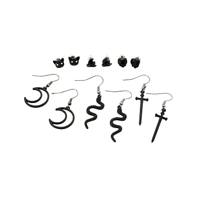 Multi-Pack Black Sword Moon and Snake Dangle and Stud Earrings - 6 Pack