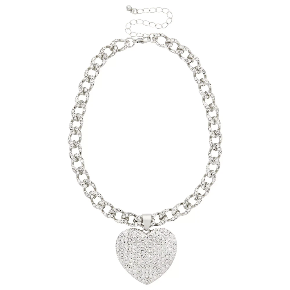 CZ Pave Heart Curb Chain Choker Necklace