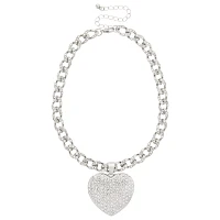 CZ Pave Heart Curb Chain Choker Necklace