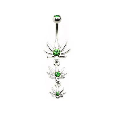 CZ Green Triple Weed Leaf Dangle Belly Ring - 14 Gauge