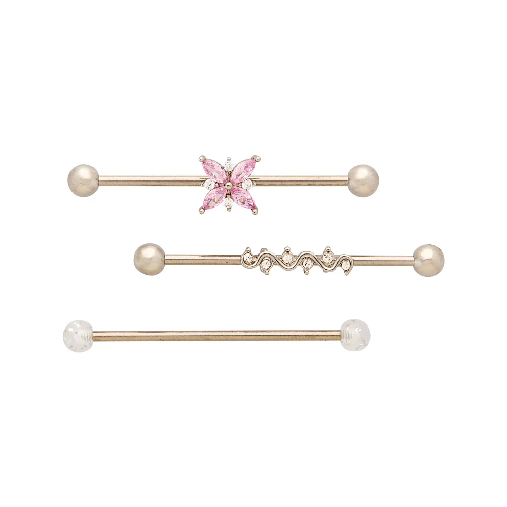 Multi-Pack CZ Pink Pearl-Effect Butterfly Industrial Barbell 3 Pack - 14 Gauge