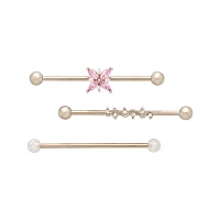 Multi-Pack CZ Pink Pearl-Effect Butterfly Industrial Barbell 3 Pack - 14 Gauge
