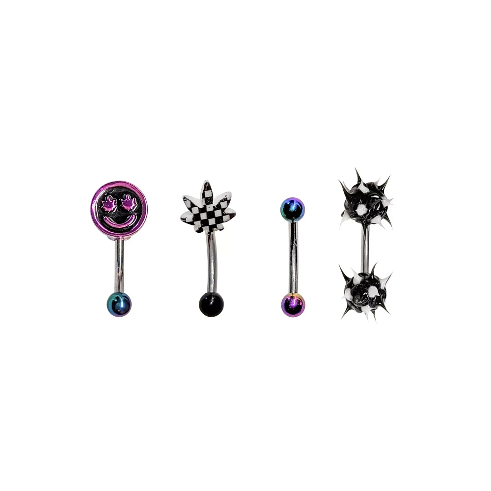 Multi-Pack Smiley Face Weed Leaf Spike Rook Earrings 4 Pack - 16 Gauge