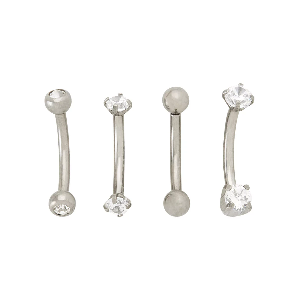 Multi-Pack CZ Prong Silvertone Titanium Curved Barbells 4 Pack - 16 Gauge