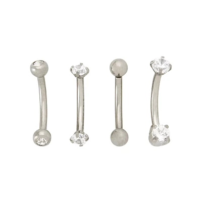 Multi-Pack CZ Prong Silvertone Titanium Curved Barbells 4 Pack - 16 Gauge