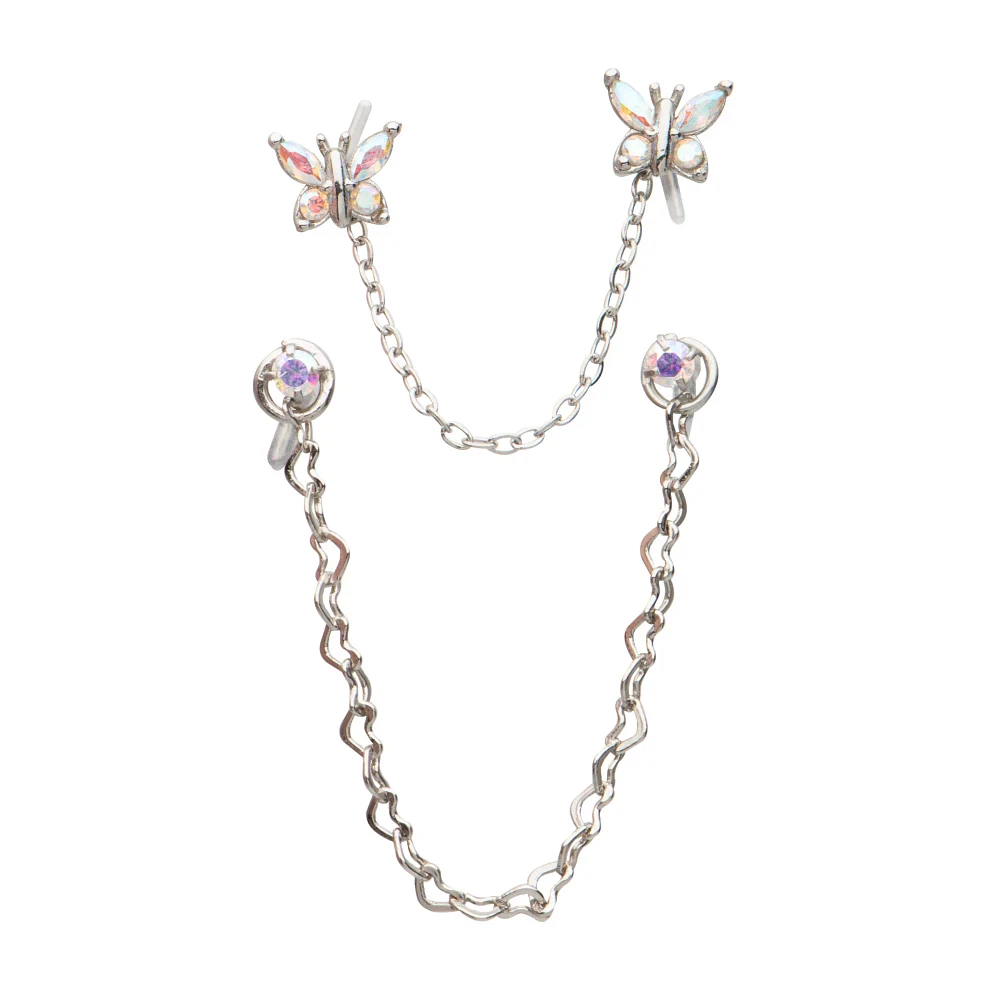 Multi-Pack CZ Butterfly Nose Chains 2 Pack - 18 Gauge