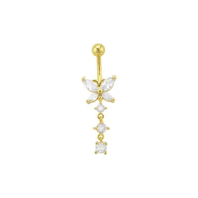 CZ Goldtone Butterfly Triple Gem Dangle Belly Ring - 14 Gauge