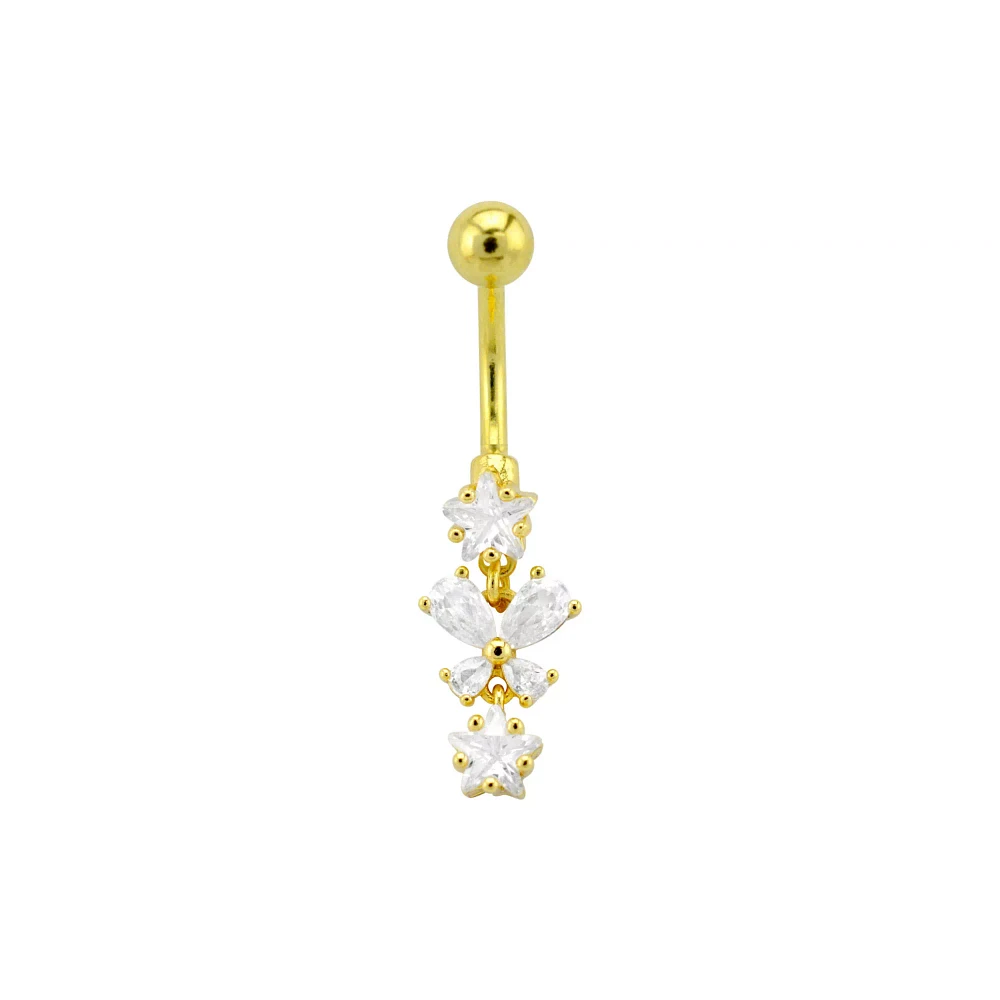 CZ Goldtone Butterfly Star Dangle Belly Ring - 14 Gauge