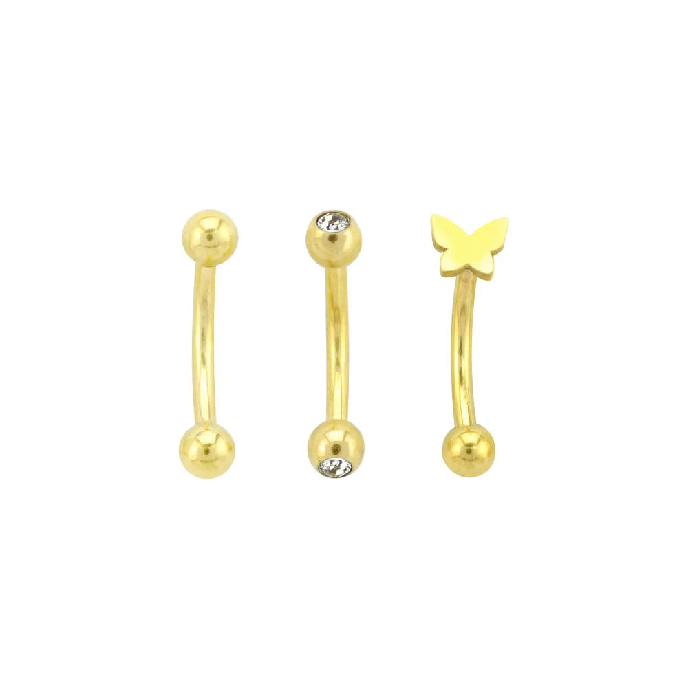 Multi-Pack CZ Goldtone Butterfly Curved Barbells 3 Pack - 16 Gauge