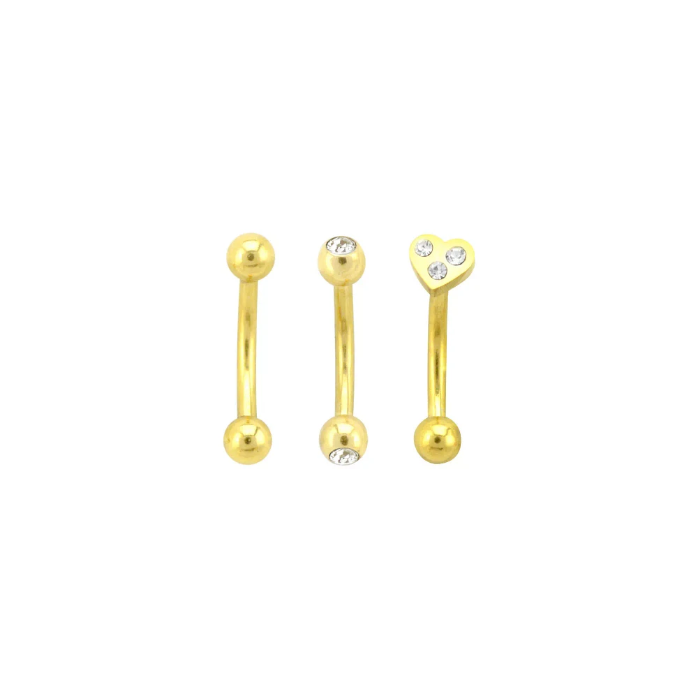 Multi-Pack CZ Goldtone Heart Curved Barbells 3 Pack - 16 Gauge