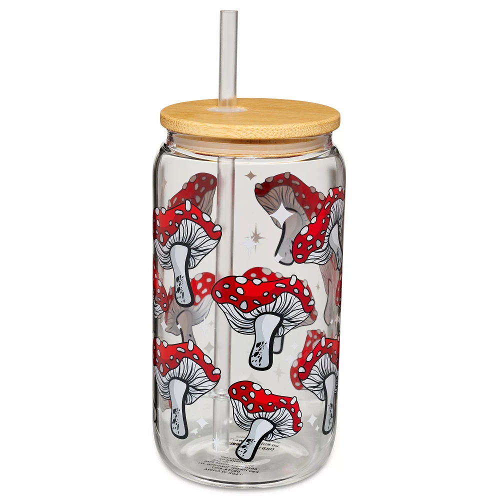 Mushroom Glass Cup with Straw - 16 oz.