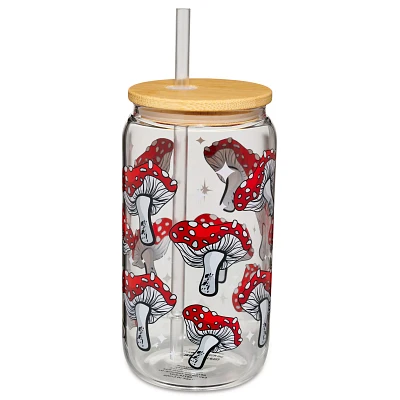 Mushroom Glass Cup with Straw - 16 oz.