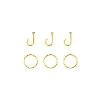 Multi-Pack Goldtone CZ Screw and Hoop Nose Rings 6 Pack - 20 Gauge