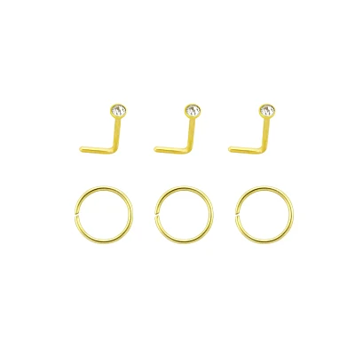 Multi-Pack Goldtone CZ L-Bend and Hoop Nose Rings 6 Pack - 20 Gauge