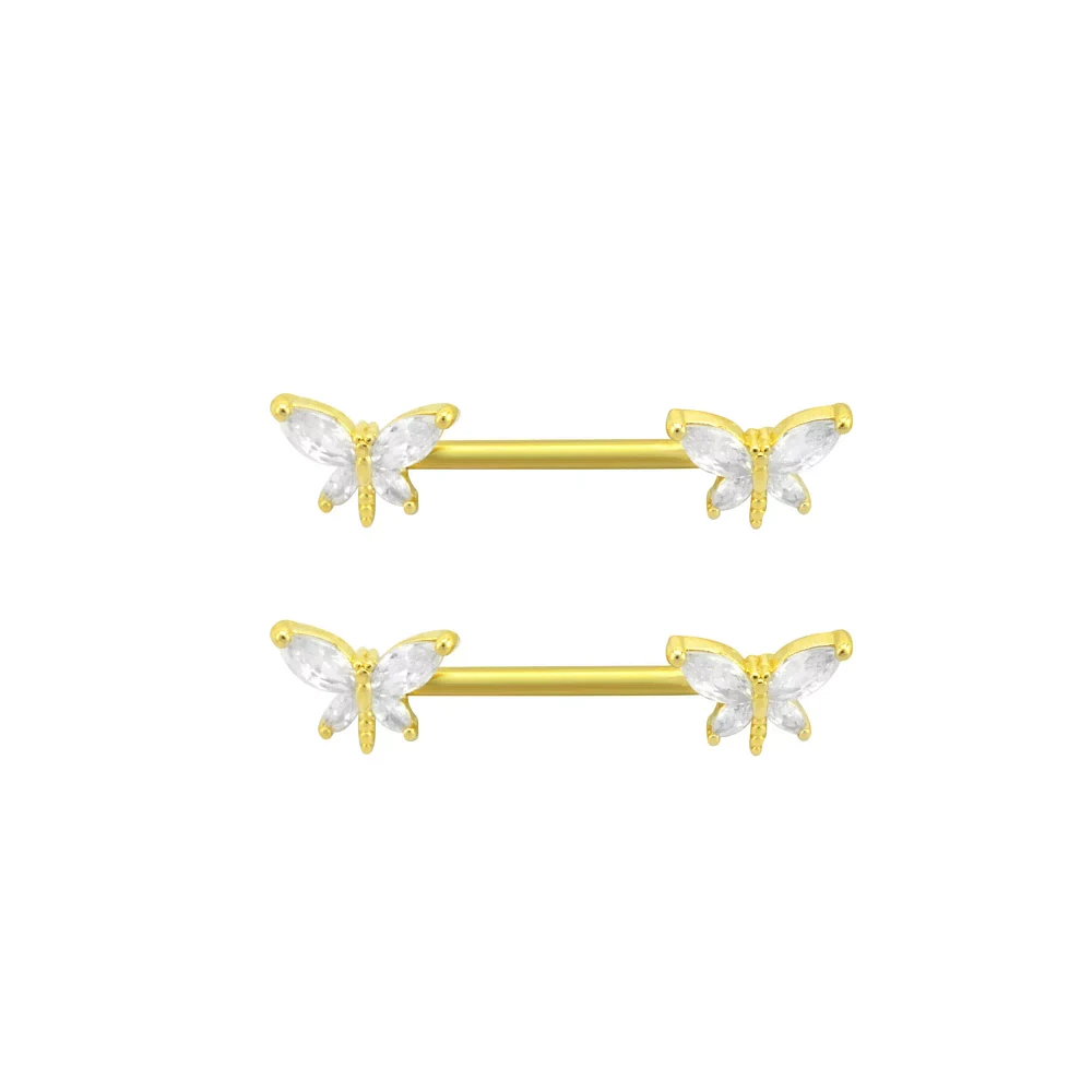 CZ Butterfly Goldtone Nipple Barbells - 14 Gauge