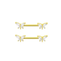 CZ Butterfly Goldtone Nipple Barbells - 14 Gauge