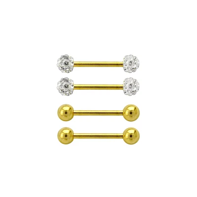 Multi-Pack Goldtone Pave Nipple Barbells 4 Pack - 14 Gauge