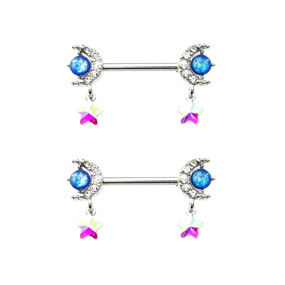 Silvertone Moon and Star Dangle Nipple Barbells - 14 Gauge