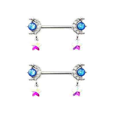 Silvertone Moon and Star Dangle Nipple Barbells - 14 Gauge