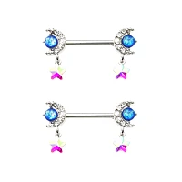 Silvertone Moon and Star Dangle Nipple Barbells - 14 Gauge