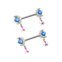 Silvertone Moon and Star Dangle Nipple Barbells - 14 Gauge