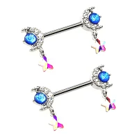 Silvertone Moon and Star Dangle Nipple Barbells - 14 Gauge