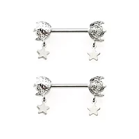 Silvertone Moon and Star Dangle Nipple Barbells - 14 Gauge