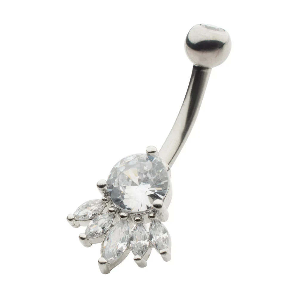 CZ Silvertone Multi Gem Belly Ring - 14 Gauge