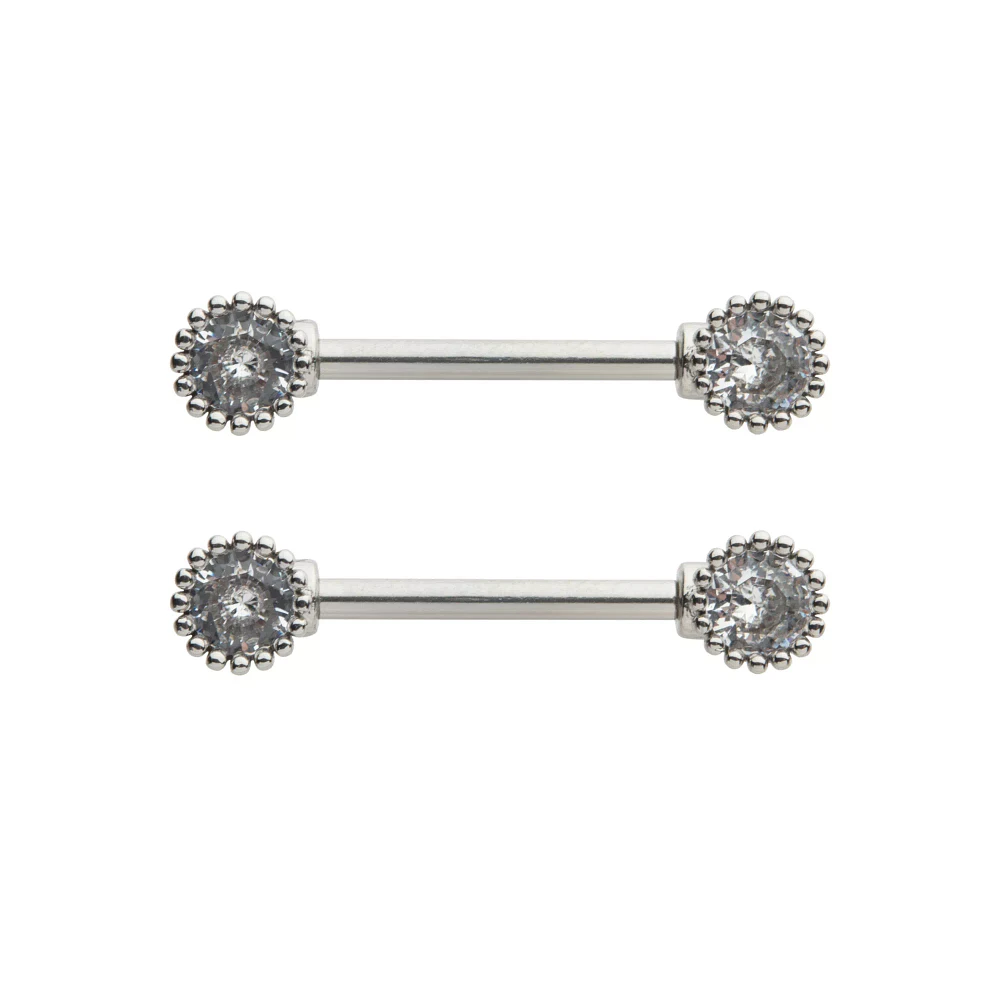 Silver Crystal Nipple Barbells - 14 Gauge