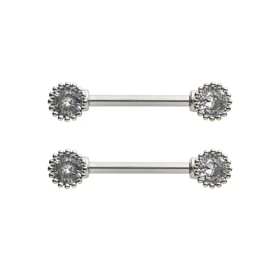 Silver Crystal Nipple Barbells - 14 Gauge
