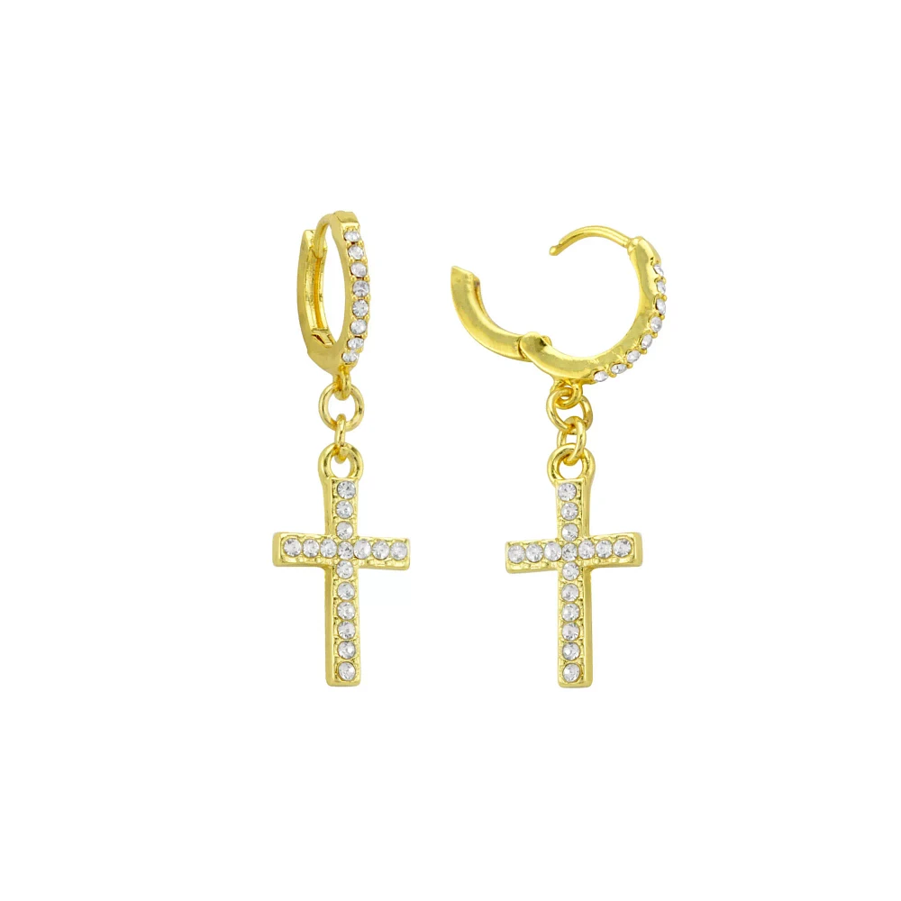 CZ Goldtone Titanium Cross Dangle Huggie Hoop Earrings
