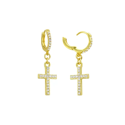 CZ Goldtone Titanium Cross Dangle Huggie Hoop Earrings