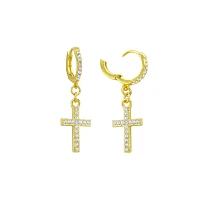 CZ Goldtone Titanium Cross Dangle Huggie Hoop Earrings