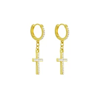 CZ Goldtone Titanium Cross Dangle Huggie Hoop Earrings