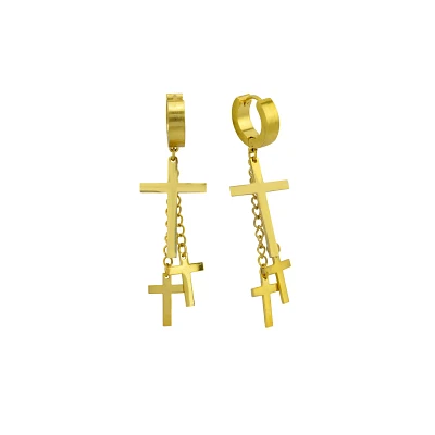 Goldtone Titanium Dual Cross Dangle Huggie Hoop Earrings