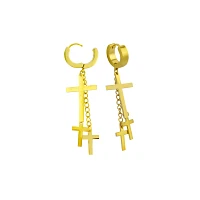Goldtone Titanium Dual Cross Dangle Huggie Hoop Earrings