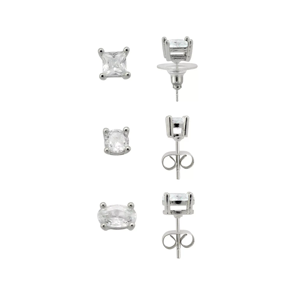 Multi-Pack CZ Square Round Oval Stud Earrings - 3 Pair