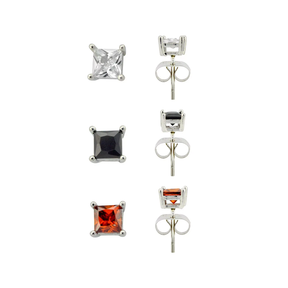 Multi-Pack CZ Clear Black and Red Square Stud Earrings - 3 Pair
