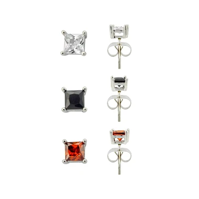 Multi-Pack CZ Clear Black and Red Square Stud Earrings - 3 Pair