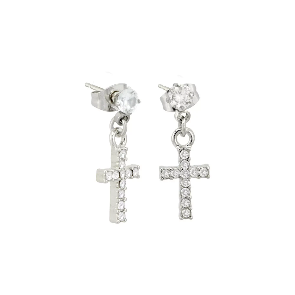 CZ Silvertone Titanium Cross Stud Dangle Earrings