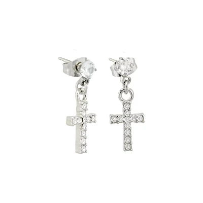 CZ Silvertone Titanium Cross Stud Dangle Earrings