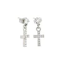 CZ Silvertone Titanium Cross Stud Dangle Earrings