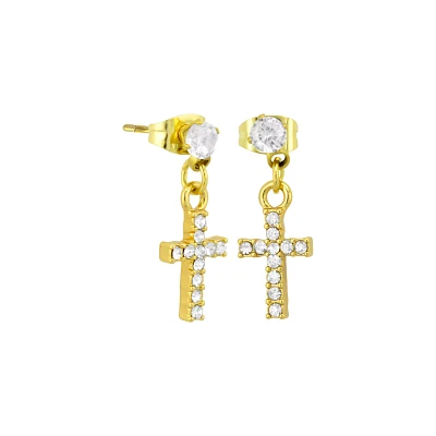 CZ Titanium Goldtone Cross Dangle Stud Earrings